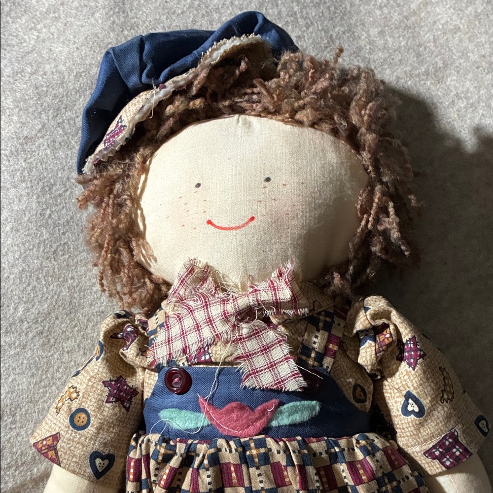 Handmade Rag Doll in Cream, Brown and Blue - Children's Soft Toy. Ventige